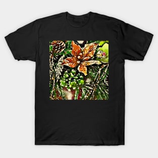 Bronze poinsettia and pine cone print T-Shirt